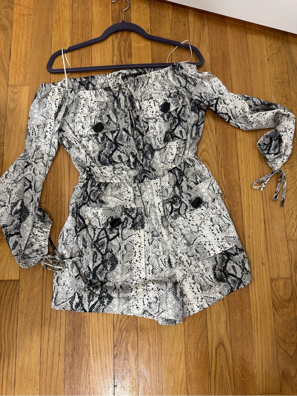 Moon River Black and White Snake Print Off-Shoulder Romper